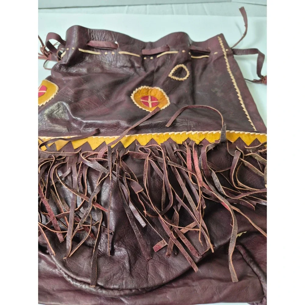 Vintage Handmade Leather Fringe Medicine Bag Drawstring Pouch Burgundy Boho